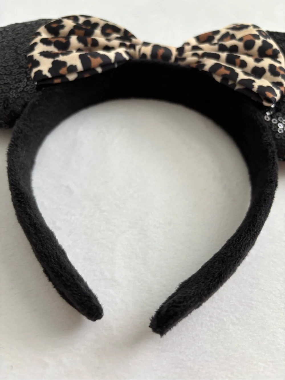 Minnie Mouse Black Sequin Ear Leopard Print Bow Headband
